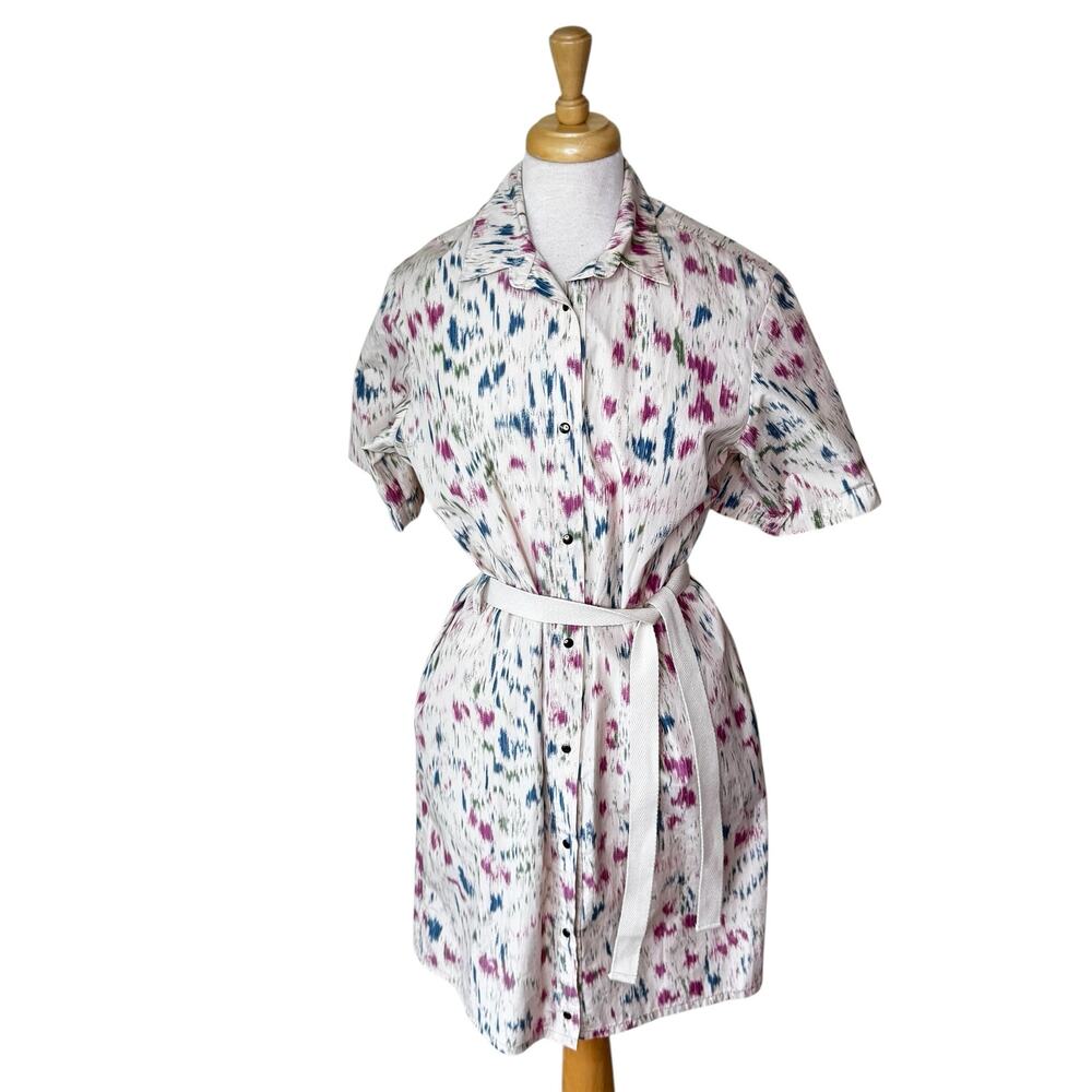 HUMANOID Snap Front Belted Short Sleeve Collared Shirt Dress Cream Size Small